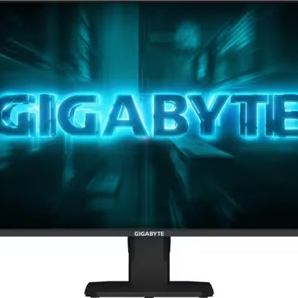 Straight front view of a Gigabyte gaming monitor with a bright neon blue logo displayed on the screen.