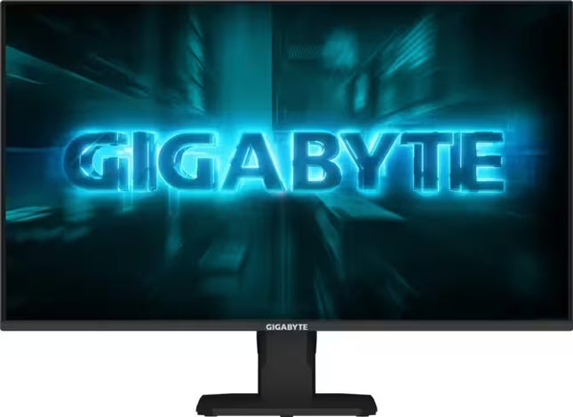 Straight front view of a Gigabyte gaming monitor with a bright neon blue logo displayed on the screen.