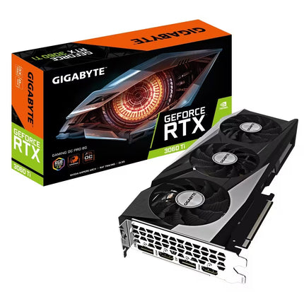 Gigabyte GeForce RTX 3060 Ti graphics card shown next to its retail packaging box on a solid white background.