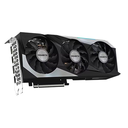 Gigabyte graphics card with three fans on a white background