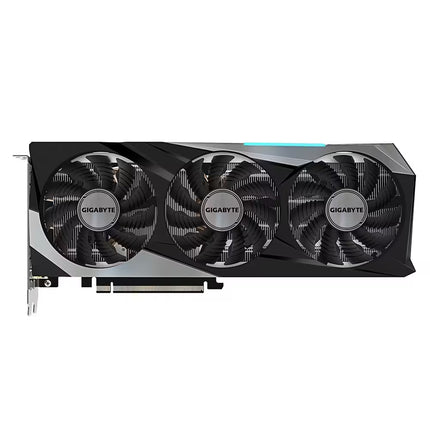 A GIGABYTE 3-fan graphics card with a black and dark gray triple-shroud cooling system, featuring three large fans with silver GIGABYTE logos and a subtle blue LED light strip on top.