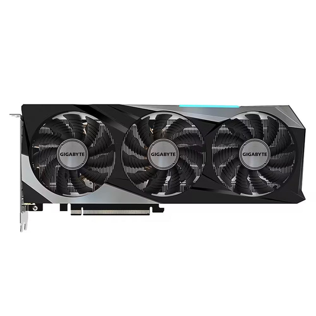 A GIGABYTE 3-fan graphics card with a black and dark gray triple-shroud cooling system, featuring three large fans with silver GIGABYTE logos and a subtle blue LED light strip on top.