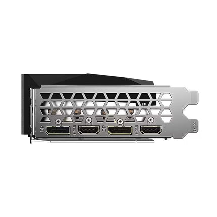 A close-up of a computer graphics card's rear panel, showing multiple display outputs including HDMI and DisplayPort connectors, a ventilation honeycomb pattern, and a black metal bracket on a white background.