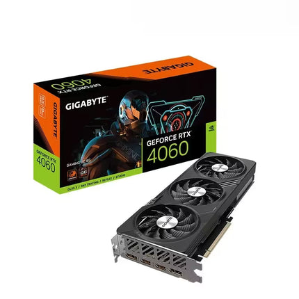 Gigabyte GeForce RTX 4060 graphics card shown in front of its retail packaging box on a plain white background.