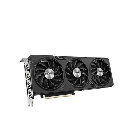 Gigabyte graphics card with a triple-fan cooling system, featuring a black textured shell and silver fan hubs, shown on a plain white background.