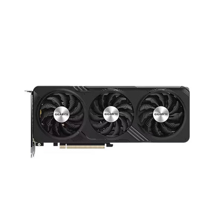 A GIGABYTE 3-fan graphics card in black with silver brand logos on the fan centers, shown against a plain white background.