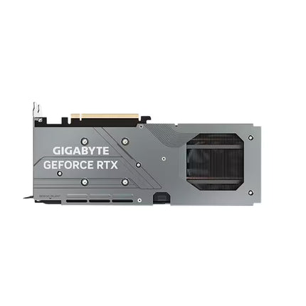 GIGABYTE GeForce RTX graphics card in a silver and gray metal shroud with a black cooling fan, shown from a side profile view on a white background.