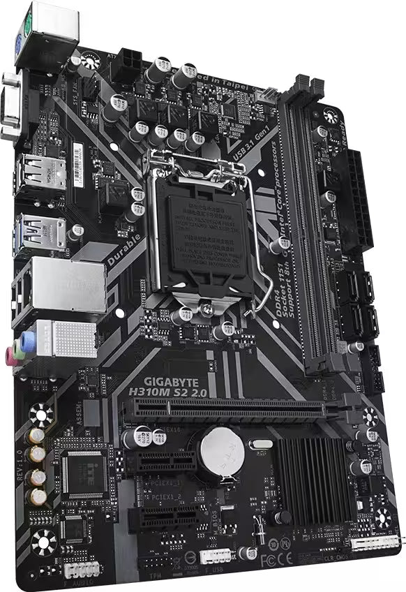 Gigabyte H310M S2.0 motherboard in black with gray and white accents, featuring an LGA 1200 CPU socket, DDR4 RAM slots, and various I/O ports on the left side.