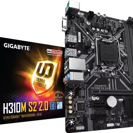 Gigabyte H310M S2.0 LGA1151 motherboard shown next to its retail packaging box on a plain white background.