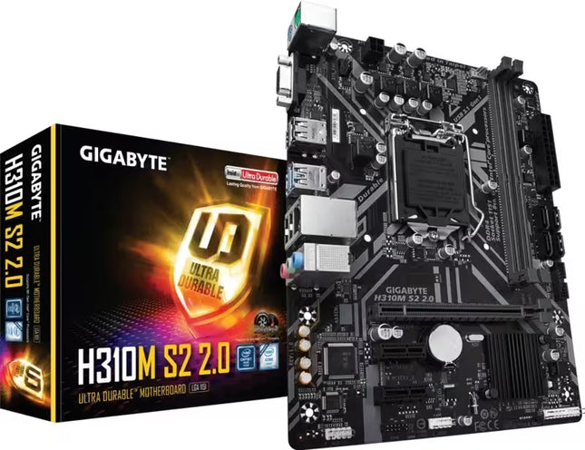 Gigabyte H310M S2.0 LGA1151 motherboard shown next to its retail packaging box on a plain white background.