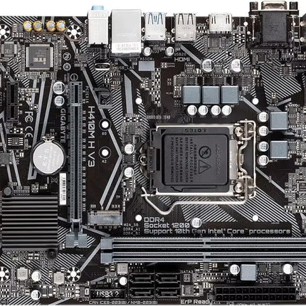 Computer motherboard with various components on a white background