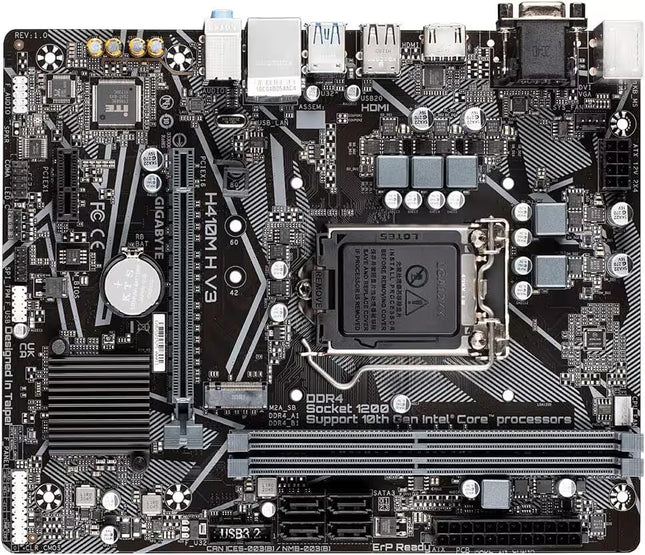 Computer motherboard with various components on a white background