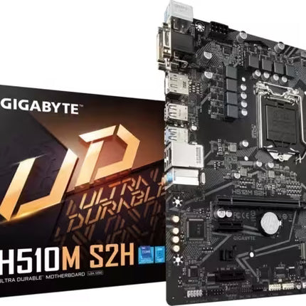 GIGABYTE H510M S2H Micro-ATX motherboard displayed next to its retail box, featuring the Intel LGA1200 socket, dual DDR4 memory slots, PCIe x16 slot, PCIe x1 slots, SATA ports, and a compact black PCB design.