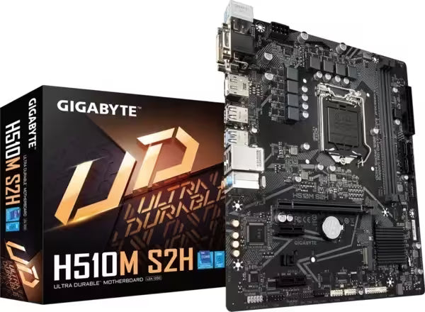 GIGABYTE H510M S2H Micro-ATX motherboard displayed next to its retail box, featuring the Intel LGA1200 socket, dual DDR4 memory slots, PCIe x16 slot, PCIe x1 slots, SATA ports, and a compact black PCB design.