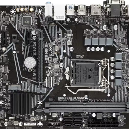 Front view of the GIGABYTE H510M S2H Micro-ATX motherboard with an Intel LGA1200 CPU socket, two DDR4 DIMM slots, PCIe x16 expansion slot, PCIe x1 slots, SATA connectors, and a black chipset heatsink.