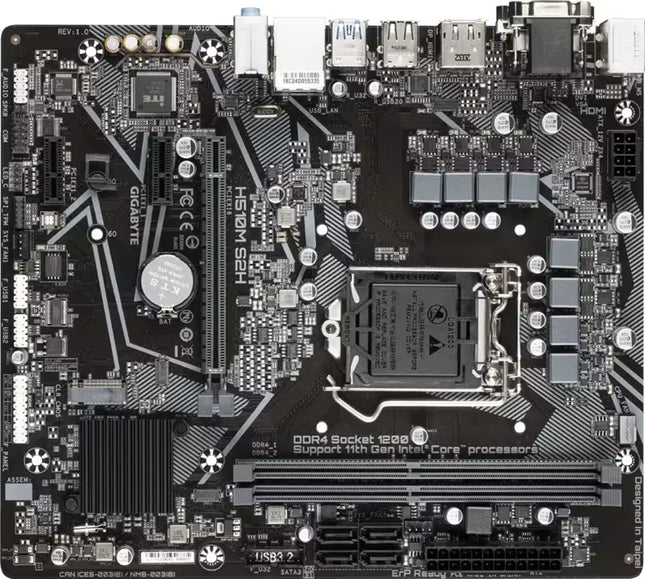 Front view of the GIGABYTE H510M S2H Micro-ATX motherboard with an Intel LGA1200 CPU socket, two DDR4 DIMM slots, PCIe x16 expansion slot, PCIe x1 slots, SATA connectors, and a black chipset heatsink.