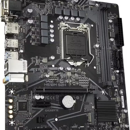 Perspective view of the GIGABYTE H510M S2H motherboard showcasing the Intel LGA1200 socket, DDR4 memory slots, PCIe x16 slot, PCIe x1 slots, SATA connectors, and black chipset heatsink.