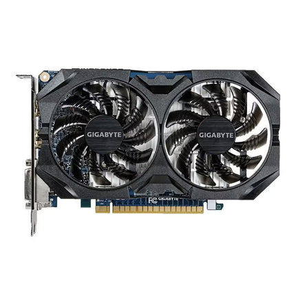GIGABYTE dual-fan graphics card with a black and dark gray heatsink design, featuring two large fans with metallic silver accents and a gold PCIe connector at the bottom.