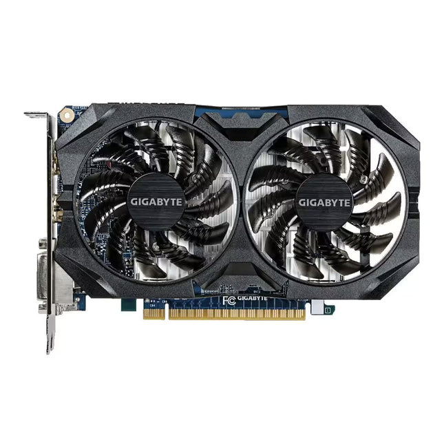 GIGABYTE dual-fan graphics card with a black and dark gray heatsink design, featuring two large fans with metallic silver accents and a gold PCIe connector at the bottom.