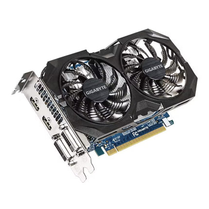 Gigabyte graphics card with a dual-fan design, featuring black and silver cooling fans, a silver metal I/O shield, and a blue PCB with a gold PCI-E connector, shown on a white background.