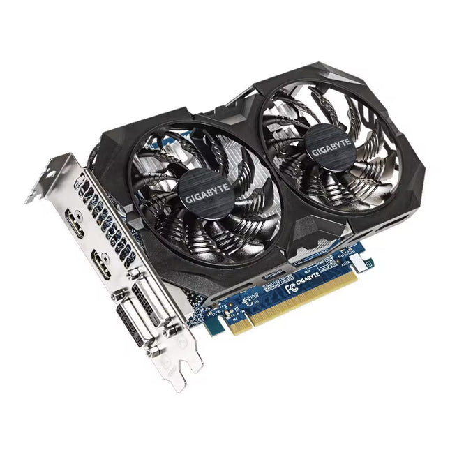 Gigabyte graphics card with a dual-fan design, featuring black and silver cooling fans, a silver metal I/O shield, and a blue PCB with a gold PCI-E connector, shown on a white background.
