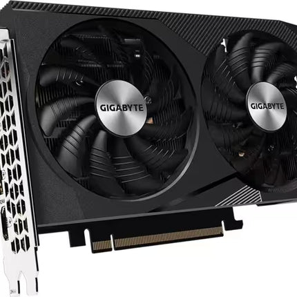 A Gigabyte dual-fan graphics card in black with silver metallic fan hubs, shown at an angle against a white background.