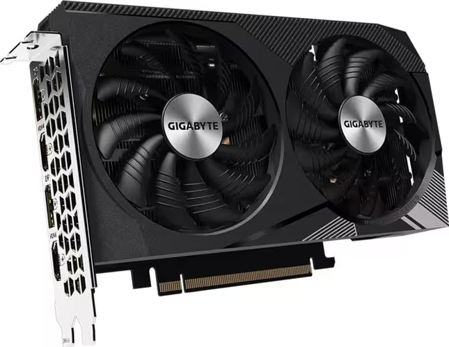 A Gigabyte dual-fan graphics card in black with silver metallic fan hubs, shown at an angle against a white background.