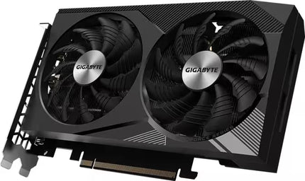 GIGABYTE graphics card featuring a dual-fan design with black fans and silver center hubs, shown against a white background.