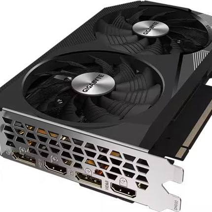 GeiBITE graphics card with a dual-fan design, featuring black cooling shroud, silver fan hubs, and a silver metal I/O panel with multiple output ports.