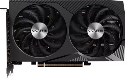 Gigabyte graphics card featuring two large black cooling fans with silver circular centers, shown against a dark background.
