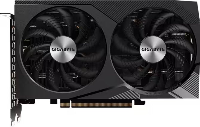 Gigabyte graphics card featuring two large black cooling fans with silver circular centers, shown against a dark background.