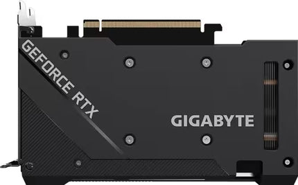 Close-up of a Gigabyte GeForce RTX graphics card showing the black metal backplate with silver branding and a gold PCIe connector at the top, set against a black background.