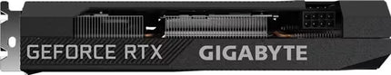 Close-up of a Gigabyte GeForce RTX graphics card showing the brand name, model name, and part of the cooling fins.