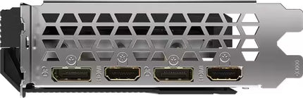 Close-up of the rear panel of a silver computer graphics card, showing four HDMI ports and a vented metal design.
