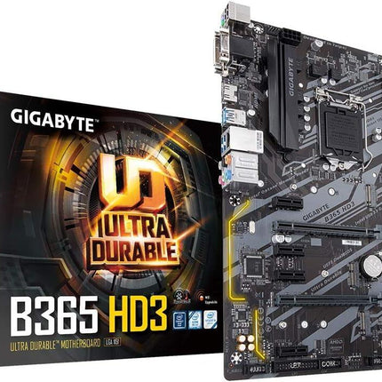 Gigabyte B365 HD3 motherboard and packaging on a white background