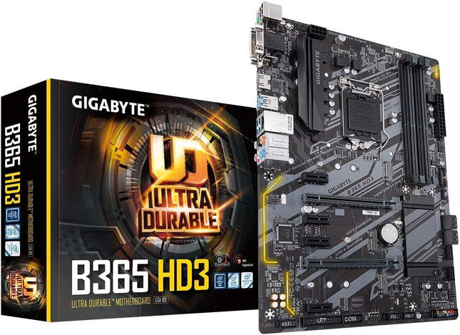 Gigabyte B365 HD3 motherboard and packaging on a white background