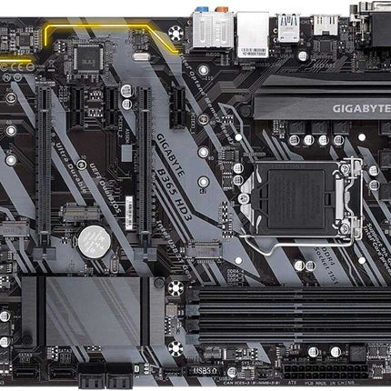 Gigabyte motherboard with intricate circuitry and components on a black background
