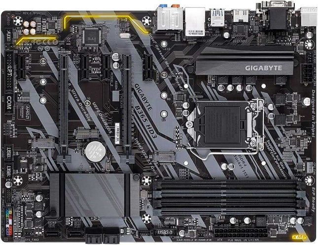 Gigabyte motherboard with intricate circuitry and components on a black background