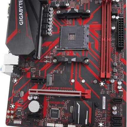 Gigabyte motherboard with red and black design on a white background