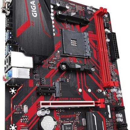 Gigabyte motherboard with red and black design on a white background