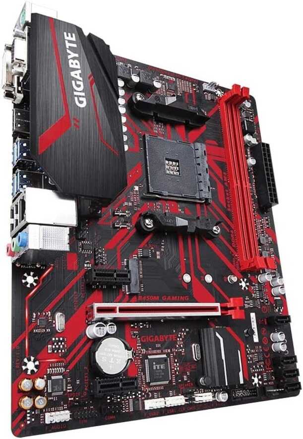 Gigabyte motherboard with red and black design on a white background