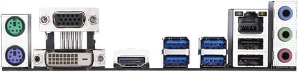 Computer motherboard with various ports and connectors on a white background