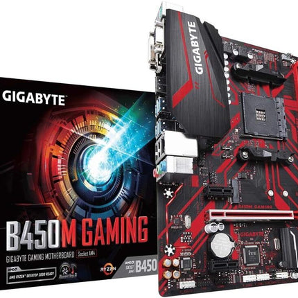 Gigabyte B450M Gaming motherboard and packaging on a white background