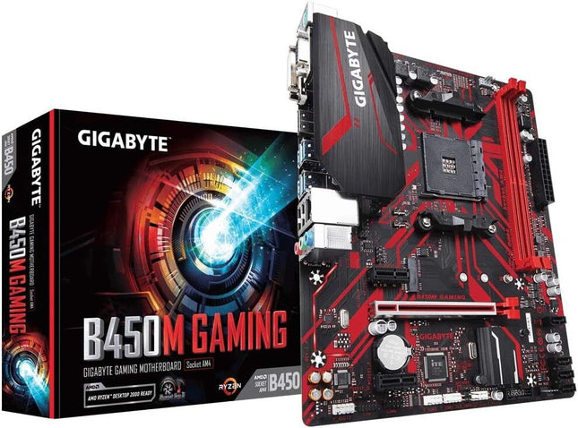 Gigabyte B450M Gaming motherboard and packaging on a white background