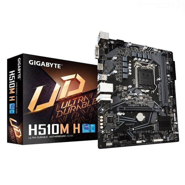 Gigabyte H510M H motherboard with packaging on a white background