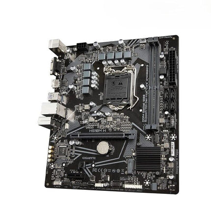 Computer motherboard with various components on a white background