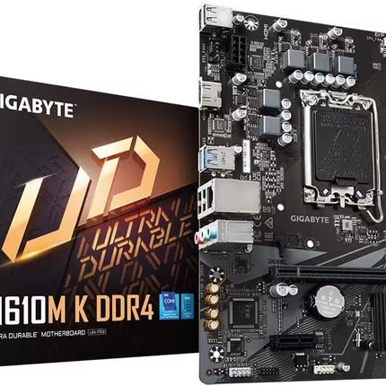 Gigabyte H610M K DDR4 motherboard with packaging on a white background
