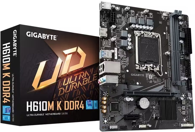 Gigabyte H610M K DDR4 motherboard with packaging on a white background