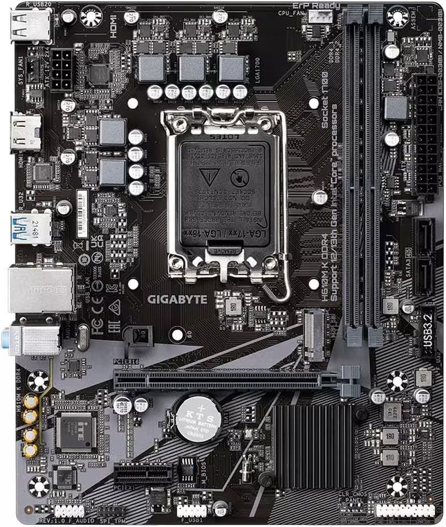 Gigabyte motherboard with CPU socket on a black background