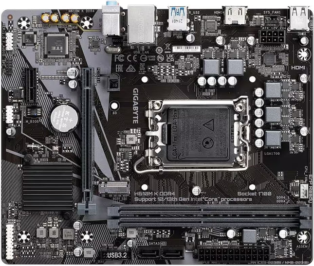 Gigabyte motherboard with various components on a black background
